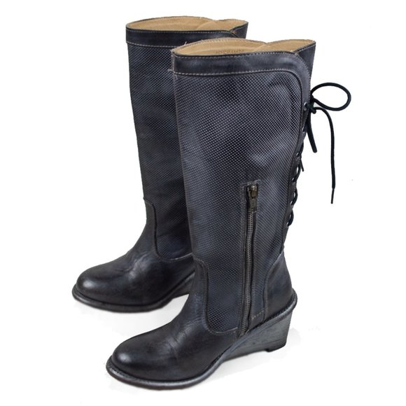 BED STU Empress Black Rustic Wedge Lace-Up Distressed Leather Tall Boots - Picture 3 of 16
